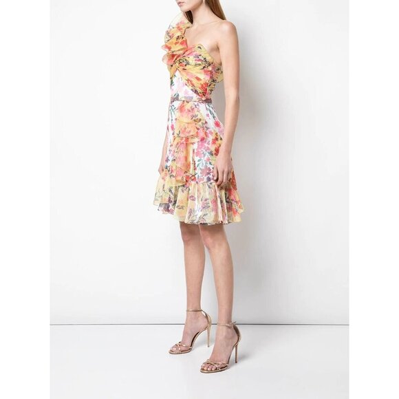 Marchesa Notte Floral Print Organza Mini Dress Ruffle One Shoulder 10 New $695 - Picture 3 of 6